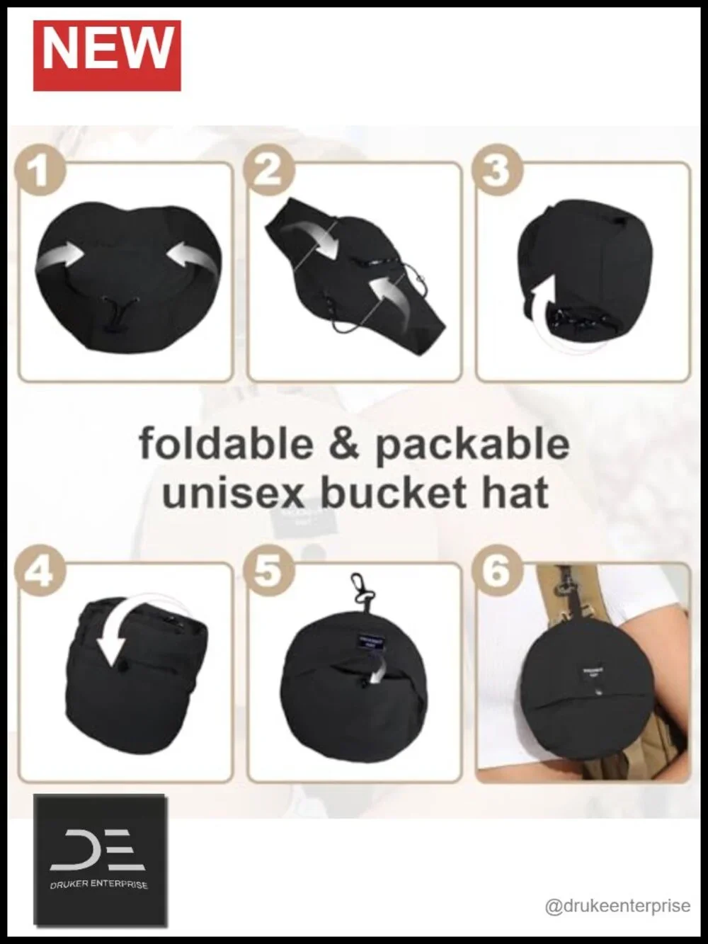 Packable Waterproof UV Protection Bucket Hat with Adjustable Chin Strap